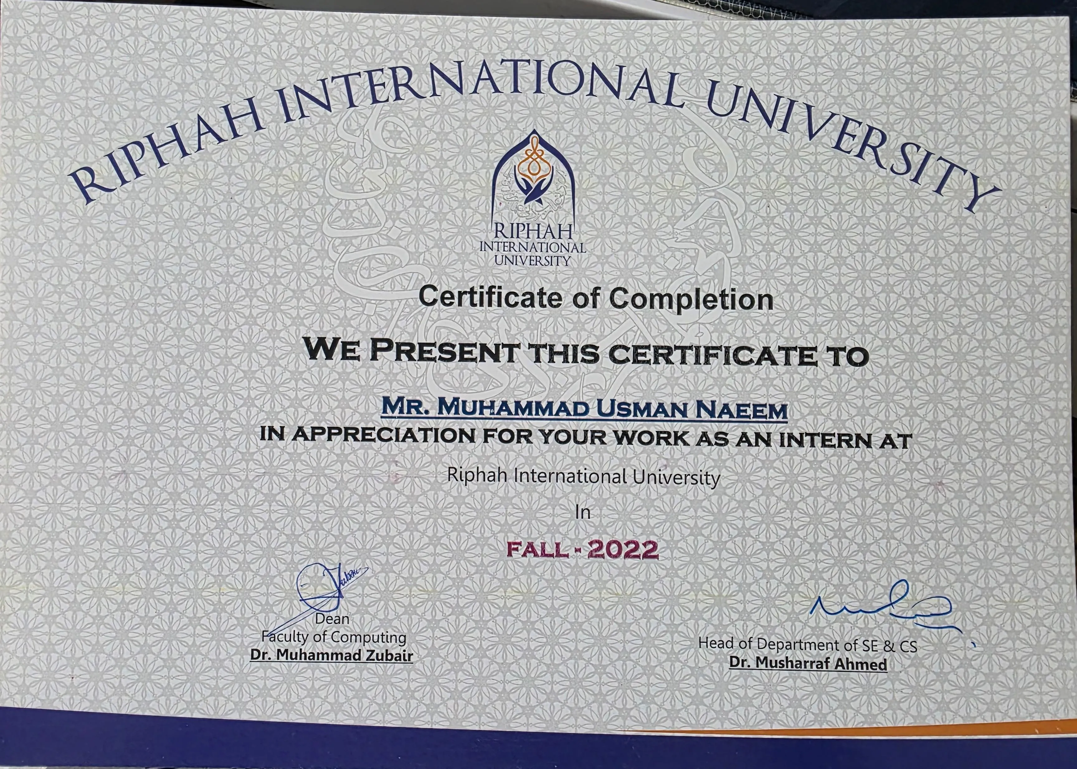 Certificate of Completion from Riphah International University for work as an intern, Fall 2022, signed by the Dean of Computing and the Head of Department.