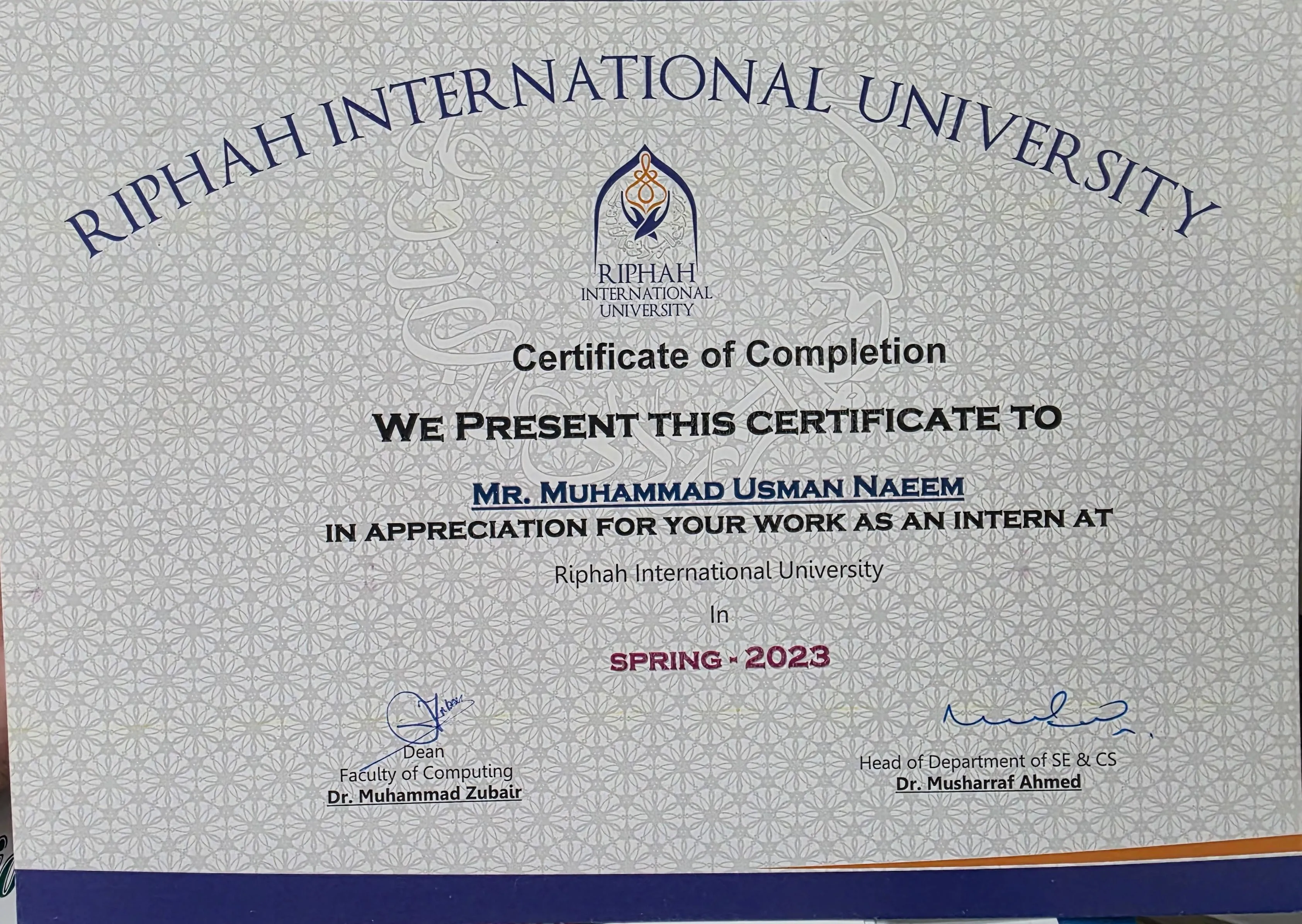 Certificate of Completion from Riphah International University for work as an intern, Spring 2023, signed by the Dean of Computing and the Head of Department.