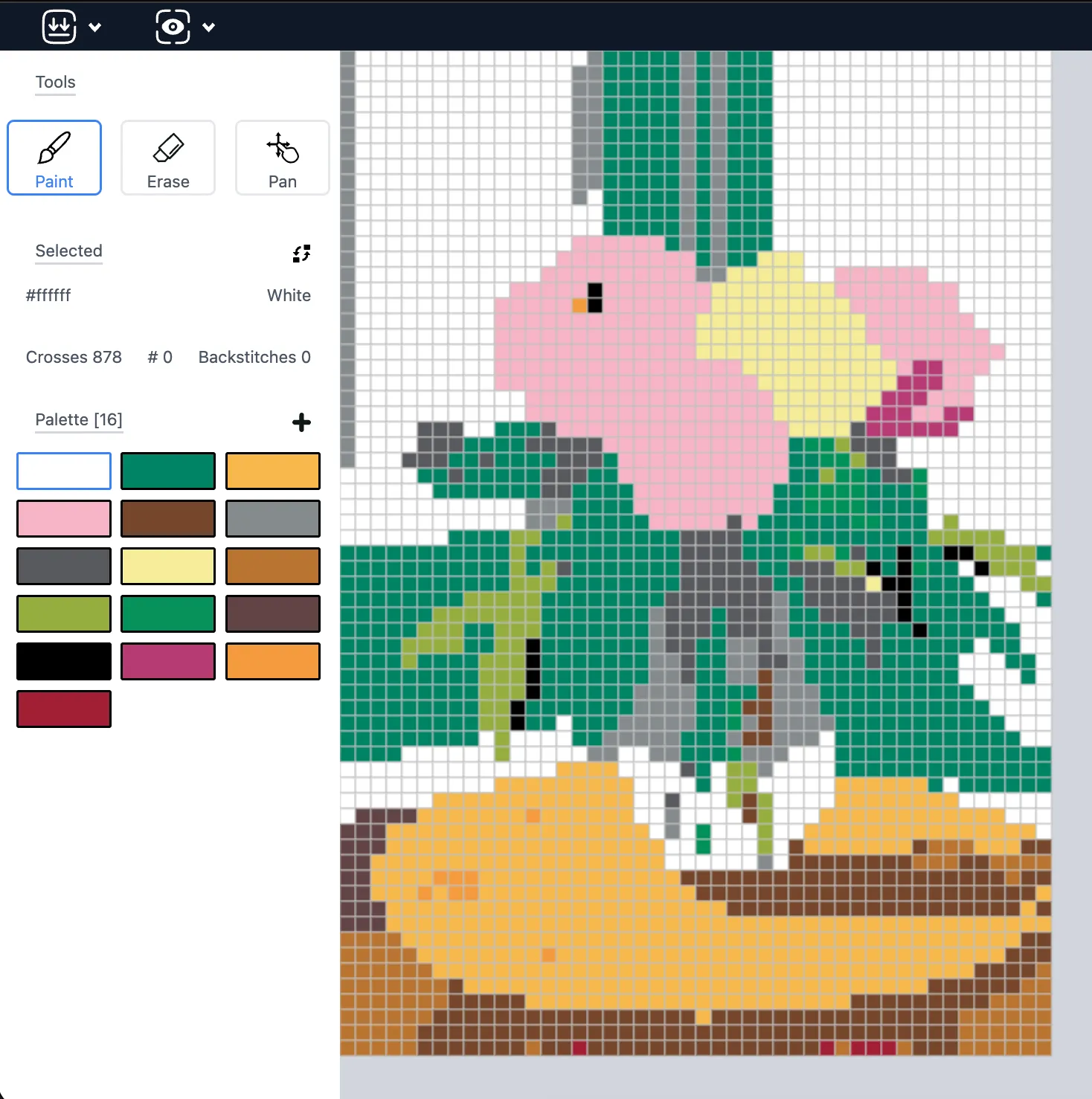 The editing canvas: a picture rendered as a grid of coloured cells, with paint, erase and pan tools, a running cell count and the sixteen colour palette in use down the left.