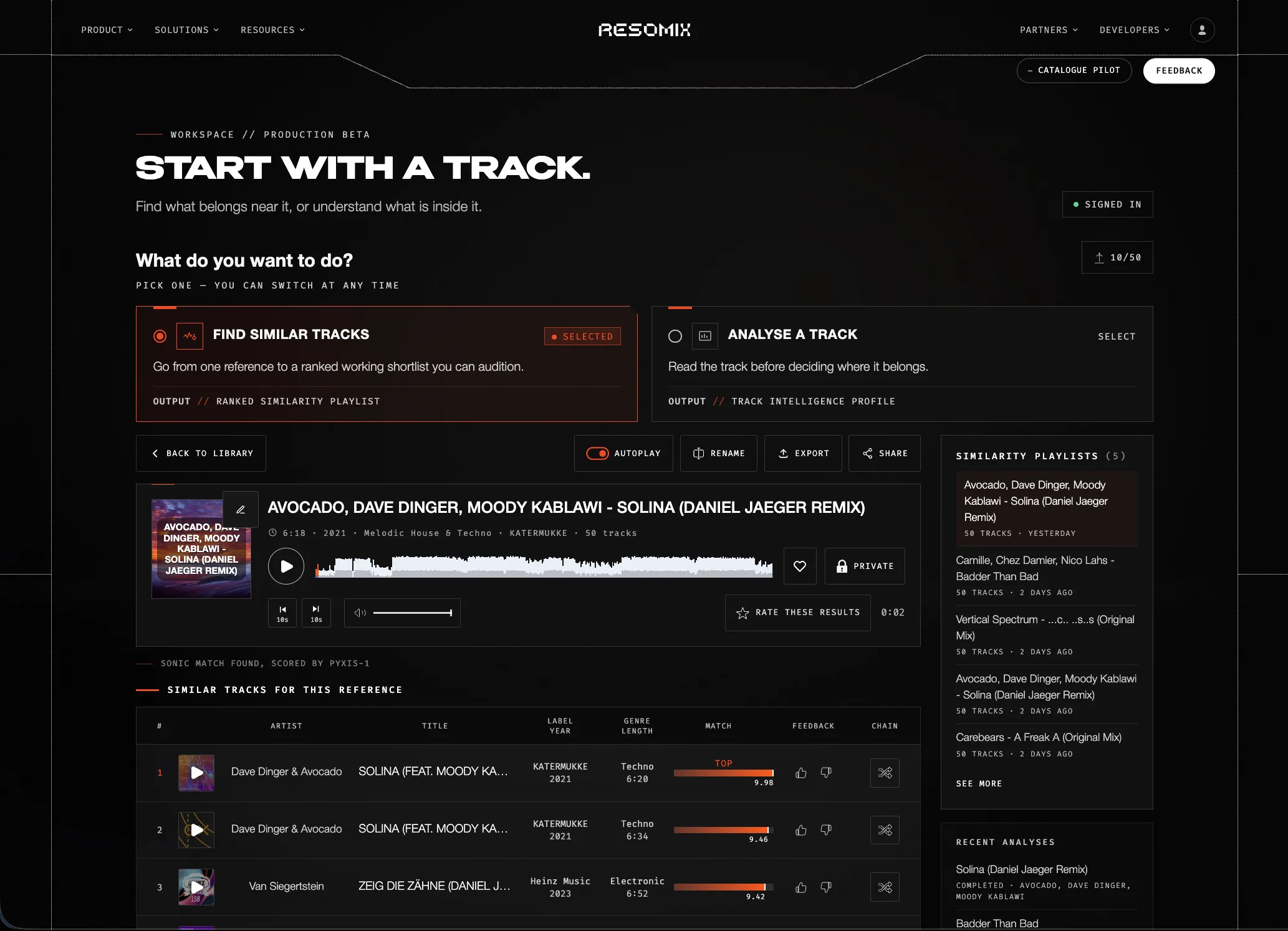 The Resomix workspace: a reference track selected, with a ranked list of sonically similar tracks and their match scores beside a panel of saved similarity playlists.