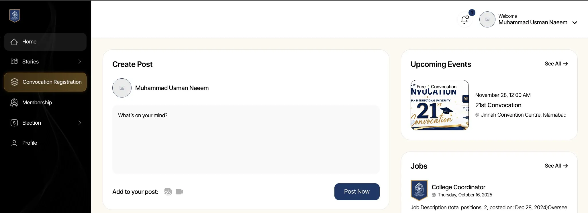 The alumni portal dashboard: a side navigation covering stories, convocation registration, membership and elections, with a post composer in the centre and upcoming events and job listings alongside.